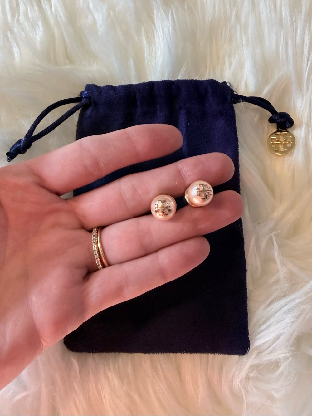 Tory Burch Rose Gold Logo Pearl Earrings